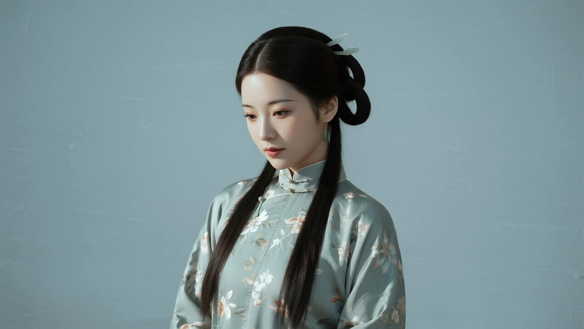 AI柔和柔光中式复古美人半臂碎花旗袍质感女生，高清壁纸