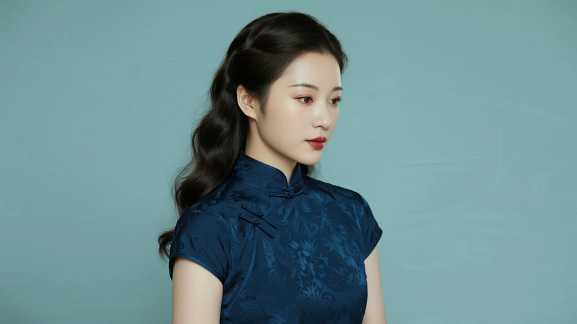 AI纯色极简中式复古美人民国沉静优雅女生，无水印壁纸