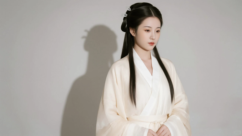 AI中式复古美人穿搭奶白大袖罗纱旗袍温婉女生正面纯色背景，电脑壁纸