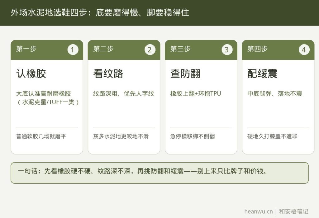 外场水泥地篮球鞋耐磨四要点,看橡胶硬度纹路深度上翻防侧翻缓震护膝,外底磨得慢才省钱