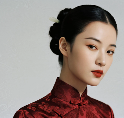 AI中式复古电脑桌面壁纸 | 暗红织锦旗袍典雅端庄女生8K超高清无水印套图