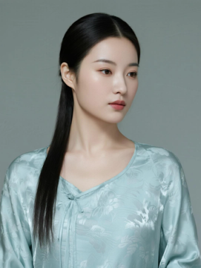 AI中式复古电脑桌面壁纸 | 浅青暗纹丝绸长裙温婉恬静女生8K超高清无水印套图