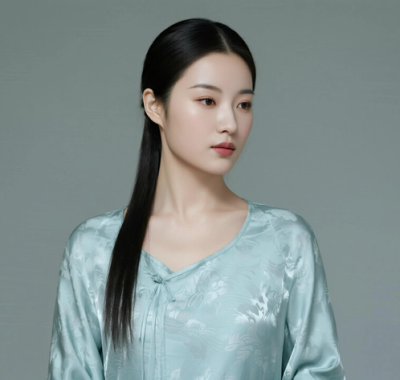 AI中式复古电脑桌面壁纸 | 浅青暗纹丝绸长裙温婉恬静女生8K超高清无水印套图