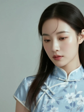 AI中式复古电脑桌面壁纸 | 浅蓝碎花旗袍清新淡雅女生8K超高清无水印套图