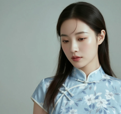 AI中式复古电脑桌面壁纸 | 浅蓝碎花旗袍清新淡雅女生8K超高清无水印套图