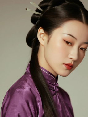 AI中式复古电脑桌面壁纸 | 紫色丝绸旗袍华贵典雅女生8K超高清无水印套图