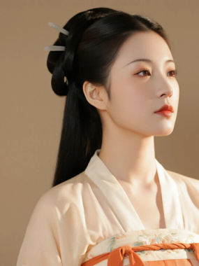 AI中式复古电脑桌面壁纸 | 橘杏唐制齐胸裙温婉少女8K超高清无水印套图
