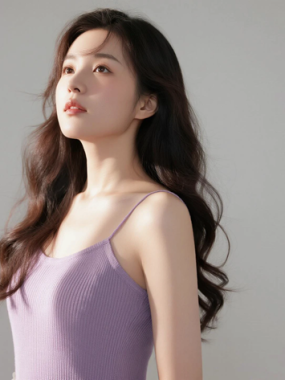 AI清新治愈电脑桌面壁纸 | 芋泥紫针织吊带裙软糯治愈少女8K无水印套图