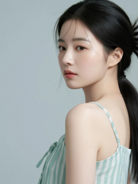 AI清新治愈电脑桌面壁纸 | 浅薄荷条纹吊带裙清爽治愈少女8K无水印套图