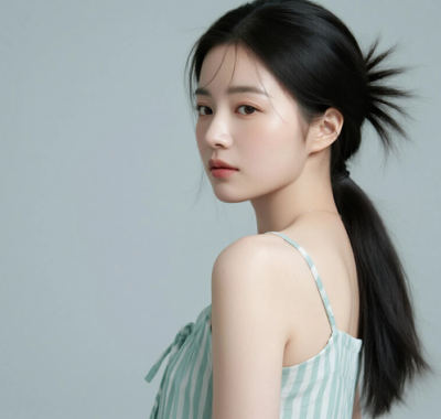 AI清新治愈电脑桌面壁纸 | 浅薄荷条纹吊带裙清爽治愈少女8K无水印套图
