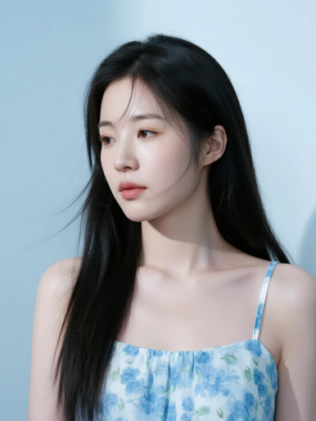 AI清新治愈电脑桌面壁纸 | 晴空蓝碎花吊带裙静谧治愈少女8K无水印套图