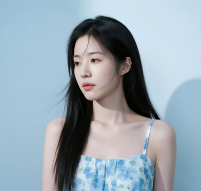 AI清新治愈电脑桌面壁纸 | 晴空蓝碎花吊带裙静谧治愈少女8K无水印套图