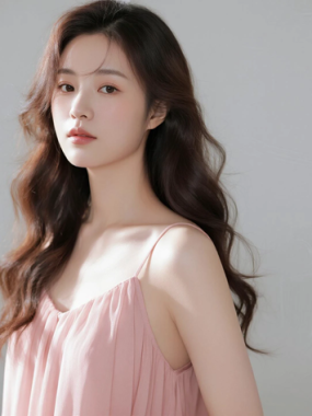 AI清新治愈电脑桌面壁纸 | 雾桃粉垂坠吊带裙温柔治愈少女8K无水印套图