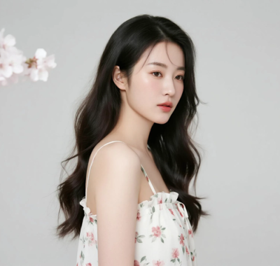 AI清新治愈电脑桌面壁纸 | 樱花白碎花吊带裙春日治愈少女8K无水印套图