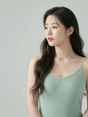 AI清新治愈电脑桌面壁纸 | 浅奶绿针织吊带裙柔和治愈少女8K无水印套图