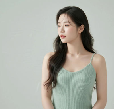 AI清新治愈电脑桌面壁纸 | 浅奶绿针织吊带裙柔和治愈少女8K无水印套图