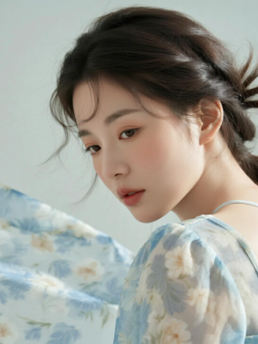 AI清新治愈电脑桌面壁纸 | 浅海蓝碎花吊带裙海风治愈少女8K无水印套图