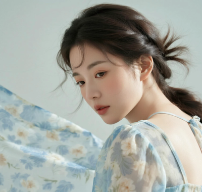 AI清新治愈电脑桌面壁纸 | 浅海蓝碎花吊带裙海风治愈少女8K无水印套图
