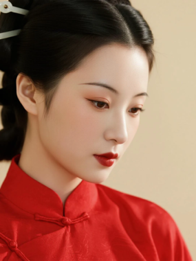 AI中式复古电脑桌面壁纸 | 朱红穿搭雅致温婉女生8K超高清无水印套图