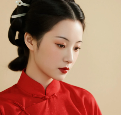 AI中式复古电脑桌面壁纸 | 朱红穿搭雅致温婉女生8K超高清无水印套图