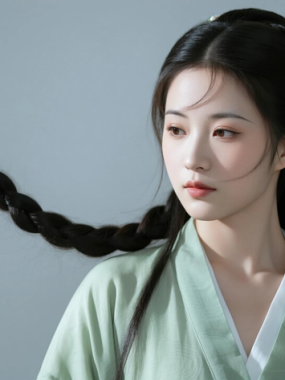 AI中式复古电脑桌面壁纸 | 豆青穿搭恬静清雅女生8K超高清无水印套图