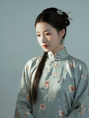 AI中式复古电脑桌面壁纸 | 青灰半臂碎花旗袍清爽民国少女8K无水印套图
