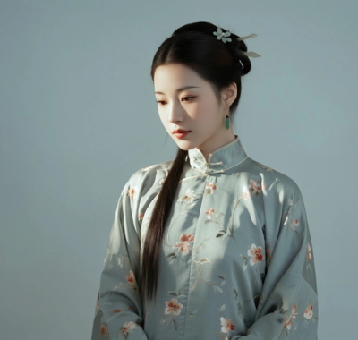 AI中式复古电脑桌面壁纸 | 青灰半臂碎花旗袍清爽民国少女8K无水印套图