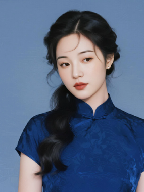 AI中式复古电脑桌面壁纸 | 墨蓝暗纹旗袍沉静优雅民国女生8K无水印套图