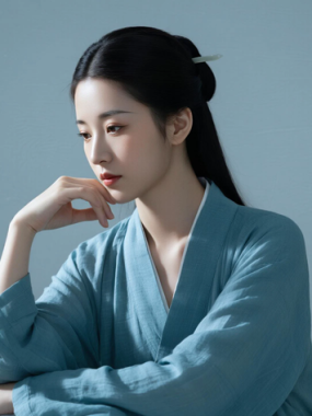 AI中式复古电脑桌面壁纸 | 雾蓝穿搭素雅淡然女生8K超高清无水印套图