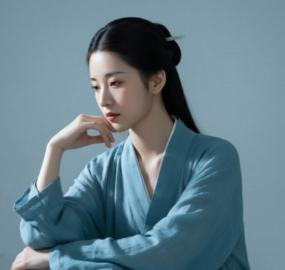 AI中式复古电脑桌面壁纸 | 雾蓝穿搭素雅淡然女生8K超高清无水印套图