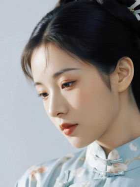 AI中式复古电脑桌面壁纸 | 浅蓝碎花套装温润恬静女生8K超高清无水印套图