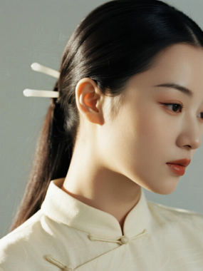 AI中式复古电脑桌面壁纸 | 浅杏翻领长裙雅致恬静女生8K超高清无水印套图