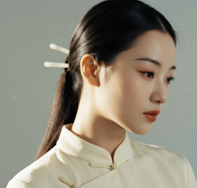 AI中式复古电脑桌面壁纸 | 浅杏翻领长裙雅致恬静女生8K超高清无水印套图