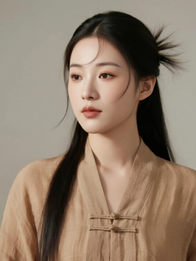 AI中式复古电脑桌面壁纸 | 浅咖棉麻外套慵懒清雅女生8K超高清无水印套图