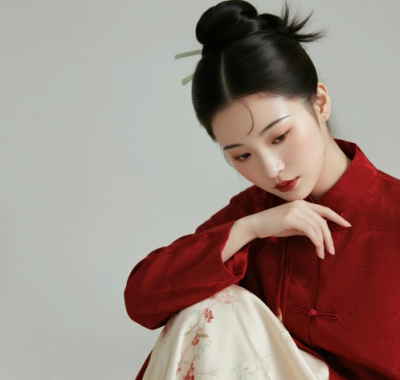 AI中式复古电脑桌面壁纸 | 枣红袄裙喜庆古韵女生8K超高清无水印套图