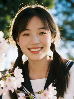日系元气少女高清AI壁纸 | 樱花树下真人美图