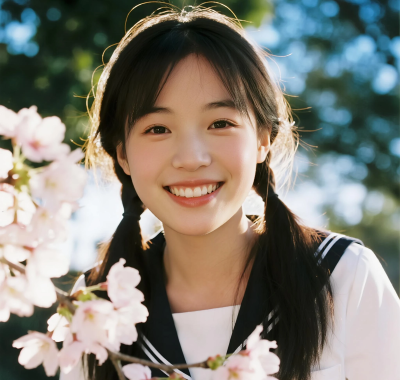 日系元气少女高清AI壁纸 | 樱花树下真人美图